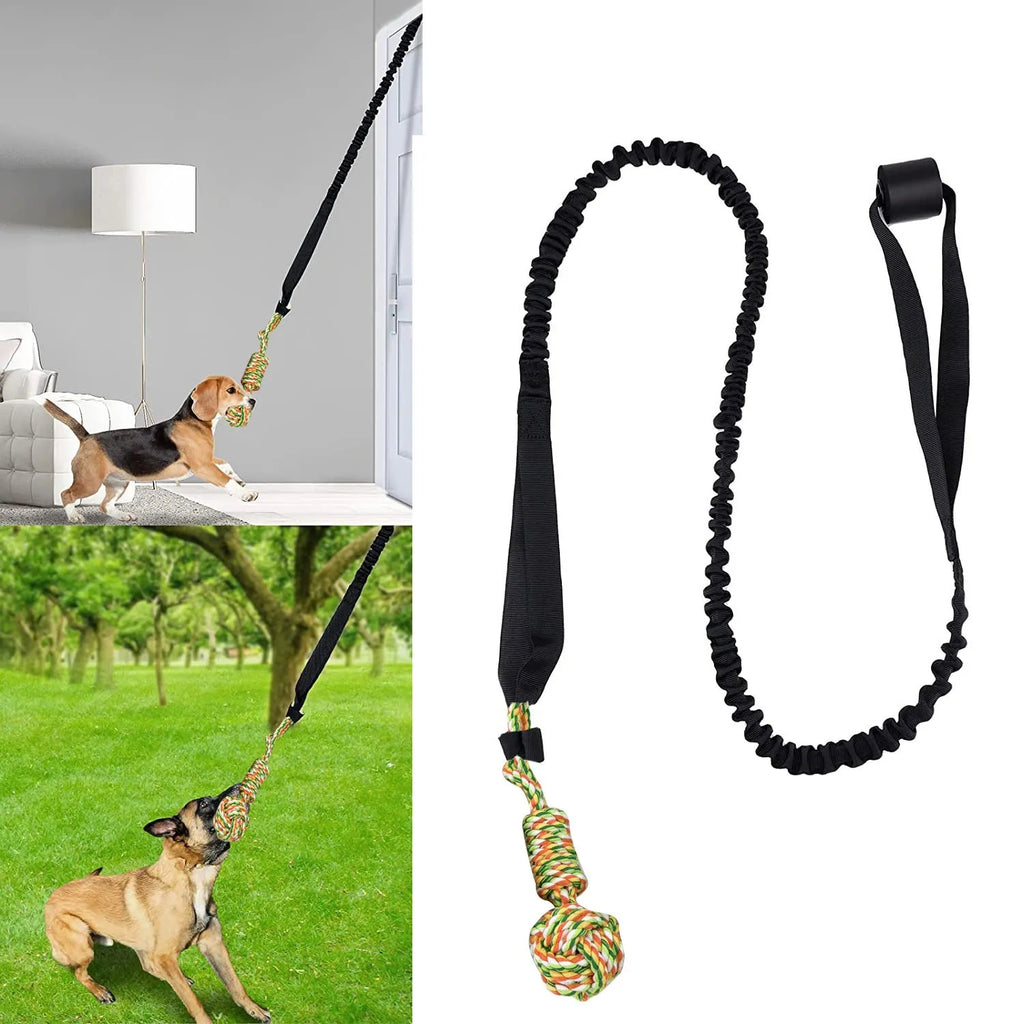 A black, grey, and red cotton rope dog tug toy for chewing and interactive play.