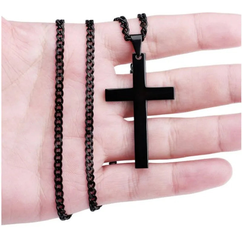 Classic cross pendant necklace for men stainless steel 5x3cm pendant 60cm chain black gold silver
