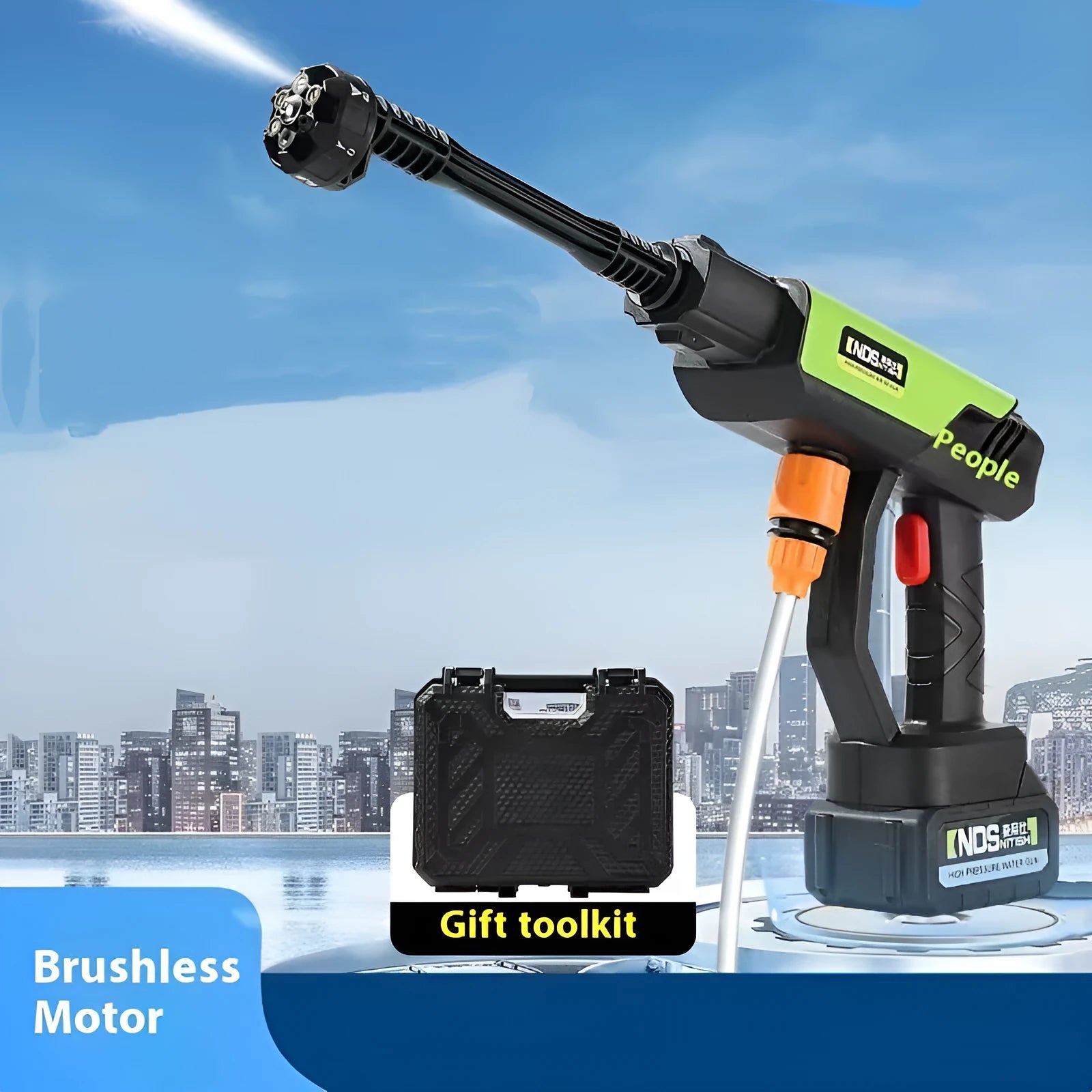 Wireless high-pressure water gun with metal head and plastic body, shown with battery, nozzles, and extension attachments.