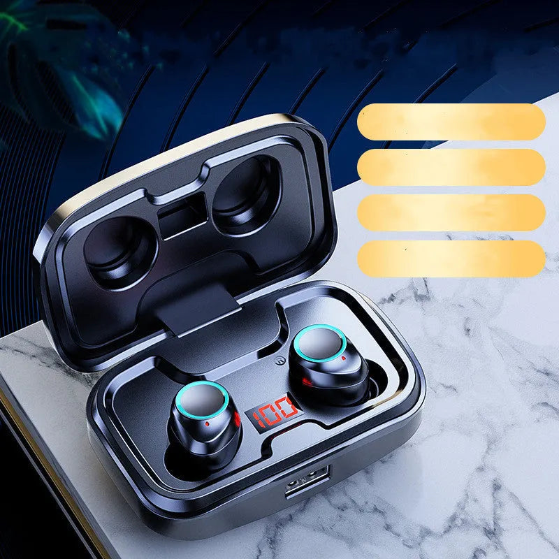 Wireless Bluetooth 5.0 earphones in black, blue, and red colours showing in-ear private mold design