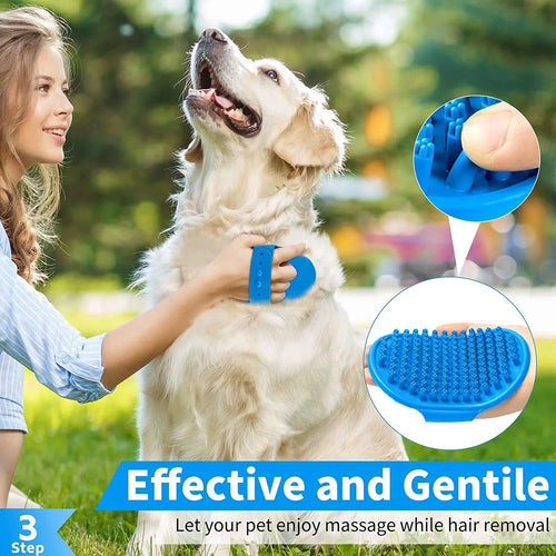 Blue 3-piece silicone dog bath brush set with adjustable handles on surface