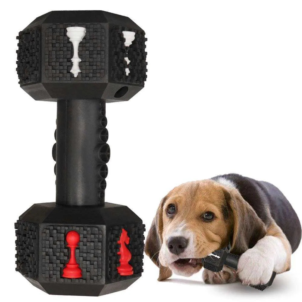 A blue dumbbell-shaped dog chew toy with a textured surface and hollow ends for treats.