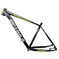 Black and green 29-inch aluminium mountain bike frame with internal cable routing