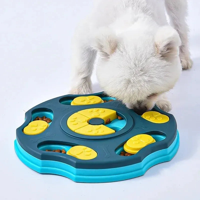 Blue dog puzzle food bowl with sliding compartments for interactive feeding games