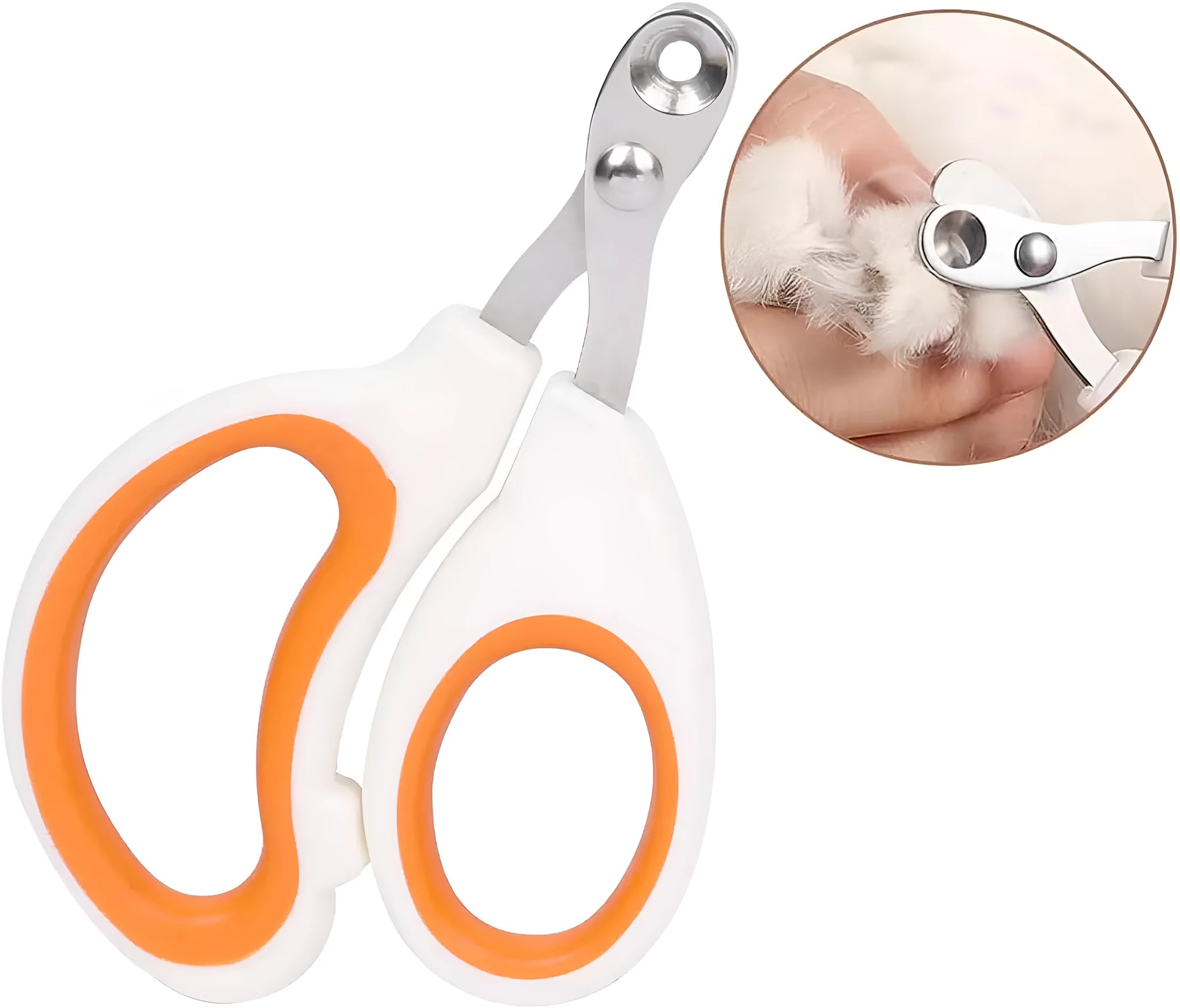 Blue pet nail clippers with a circular cutting hole and cushioned non-slip handle.