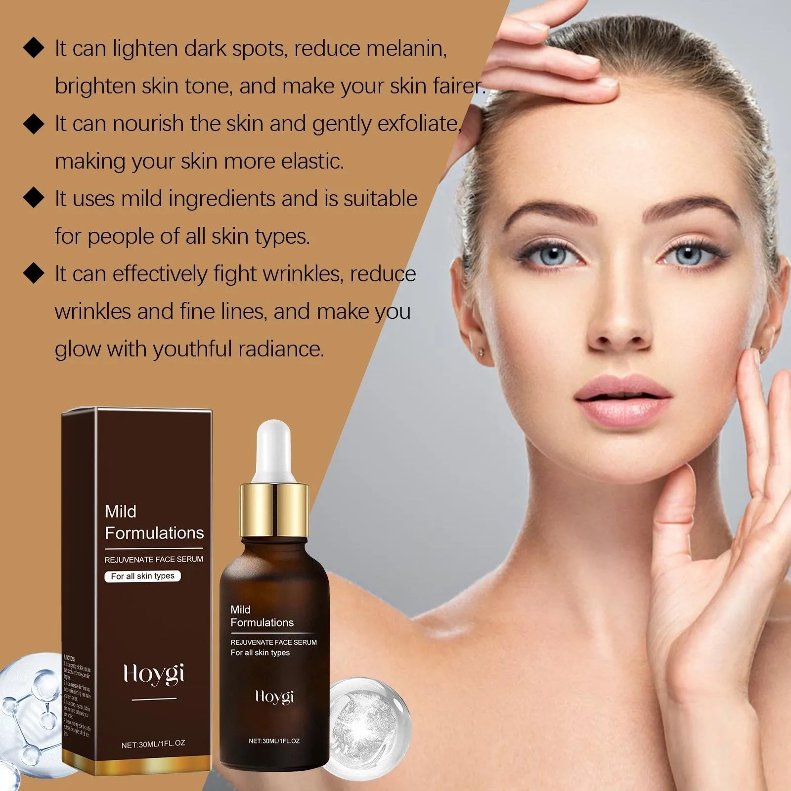 30ml facial skincare essence bottle with arbutin collagen hyaluronic acid formula 2.8cm dimensions