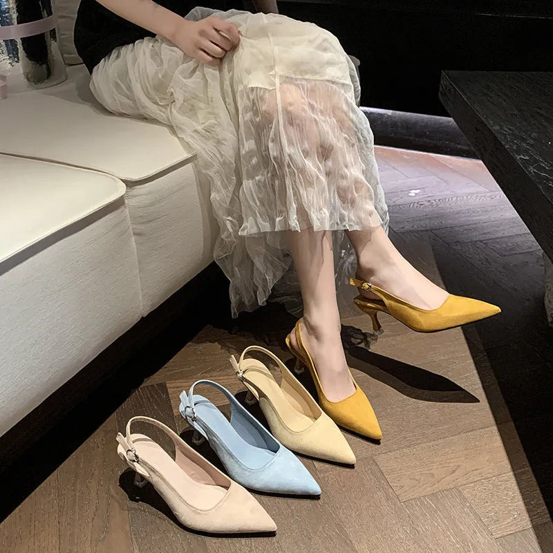 Women's apricot suede pointed toe stiletto high heels on a white background