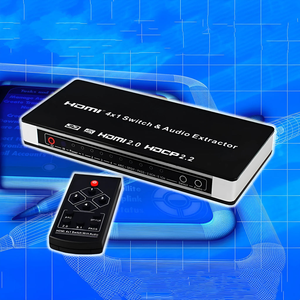 Black 4-port HDMI input switch with remote control on a table