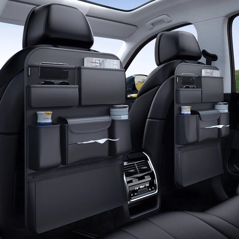 Black leather car seat back hanging storage bag with handle shown in large and small size options