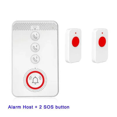 White emergency alert device with one buzzer unit and three remote call buttons for elderly safety