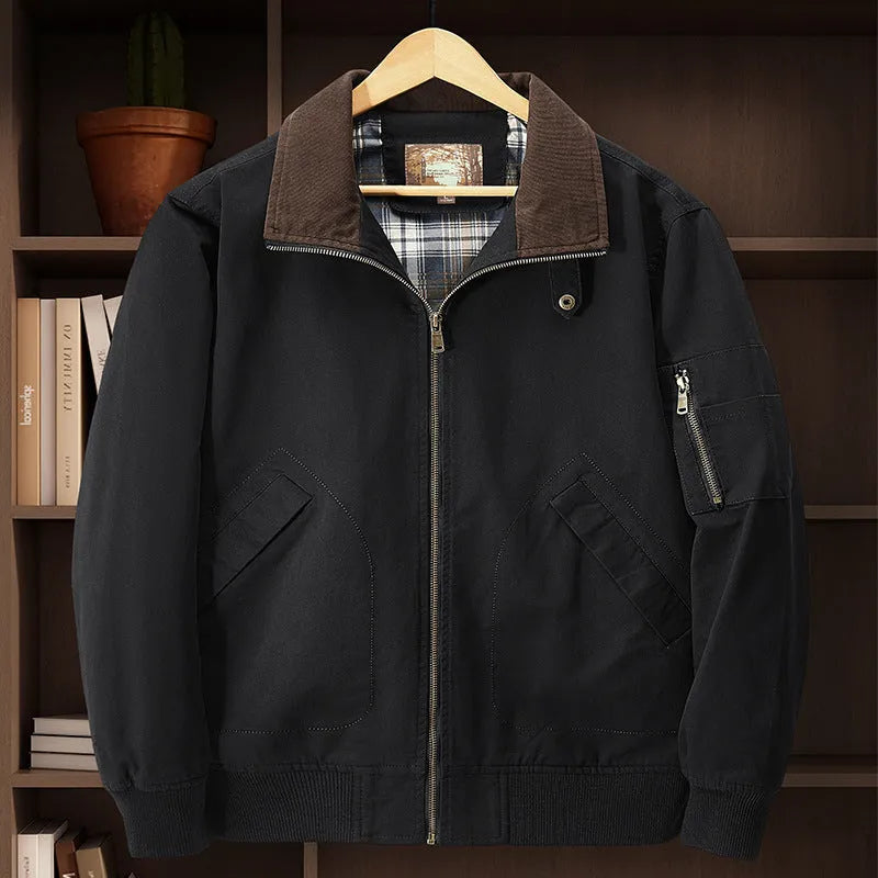 Men's washed cotton baseball style flight jacket in army green