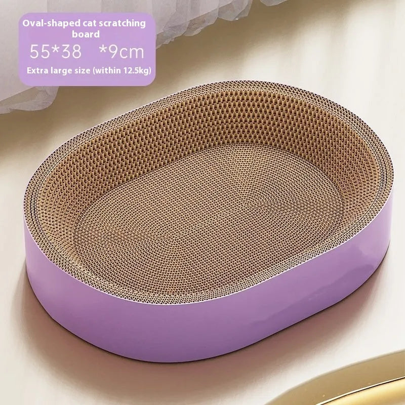 Green oval corrugated paper cat scratch board and nest measuring 55cm in diameter