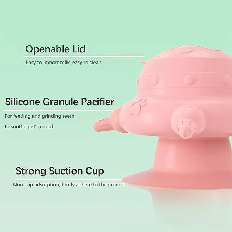 Pink silicone pet nursing milk bowl with four pacifiers and flat base for puppy or kitten feeding