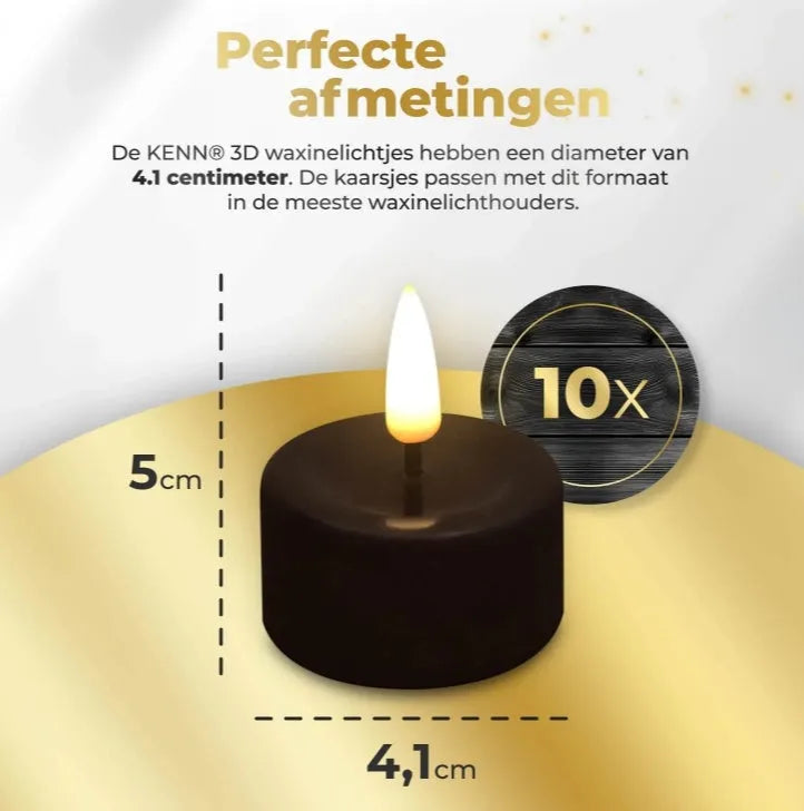 Pack of 10 black flameless LED tealight candles showing size and flickering flame effect.