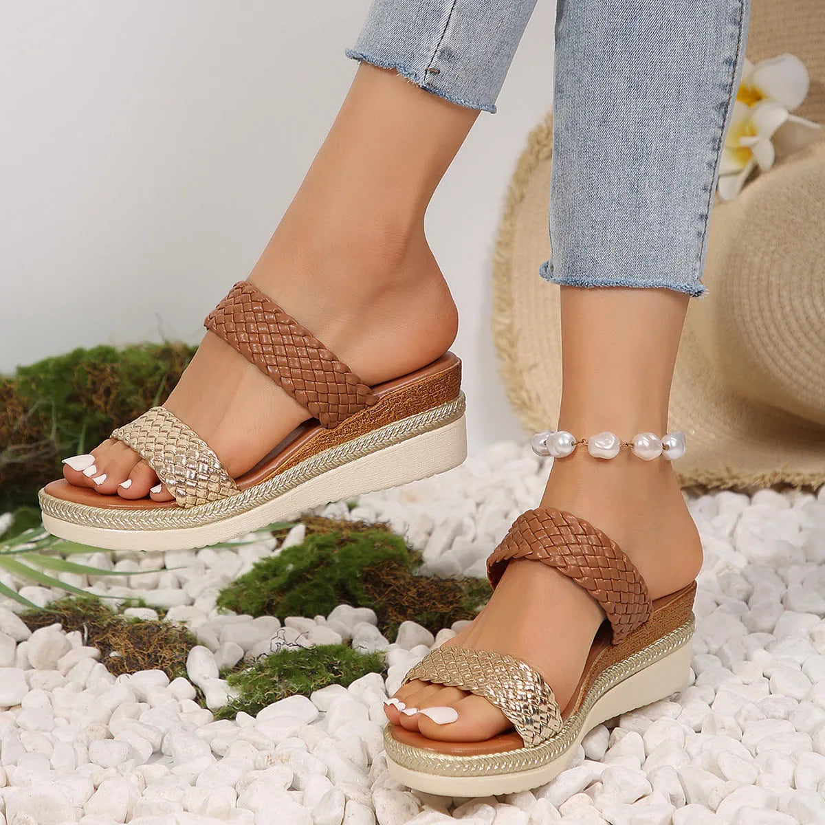 Gold and silver plus size wedge sandals for women with rubber soles in EU sizes 36-43