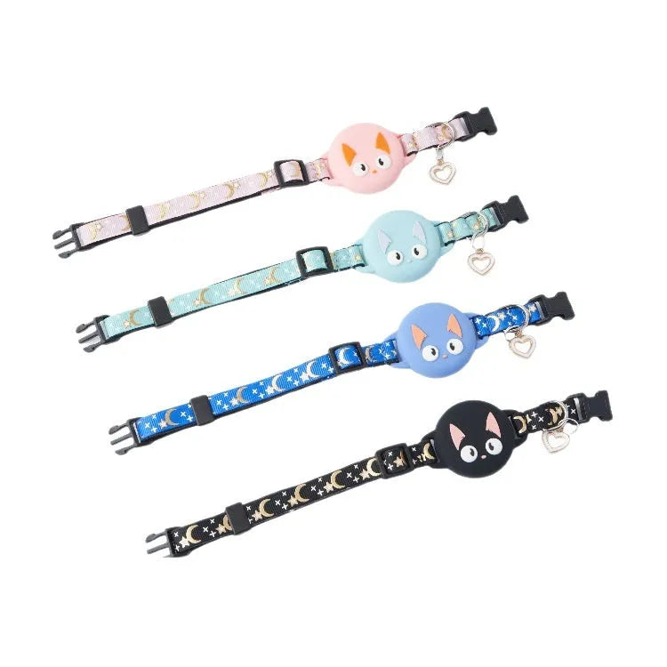 A pink plastic AirTag protective case for a cat collar, shown alongside a blue one, both with adjustable straps.