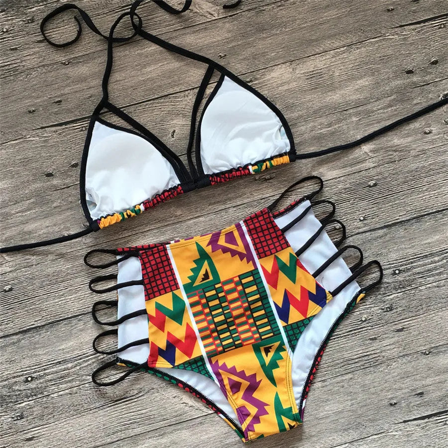 Women's high-waisted split bikini swimsuit with digital printing and backless design