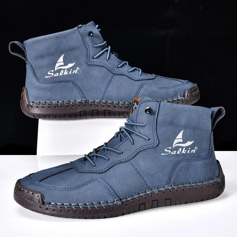 Retro-style men's high-top casual boots with elastic bands and flat rubber soles in frosted artificial PU leather