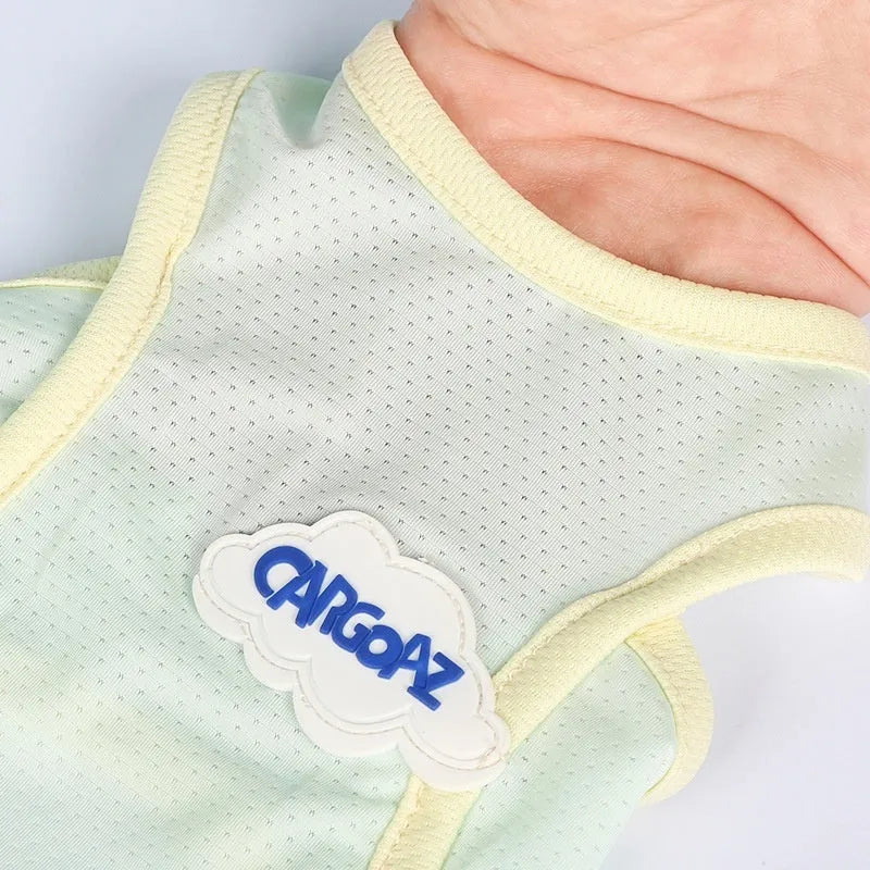 Light green polyester cat vest with a sports cut, shown on a feline model