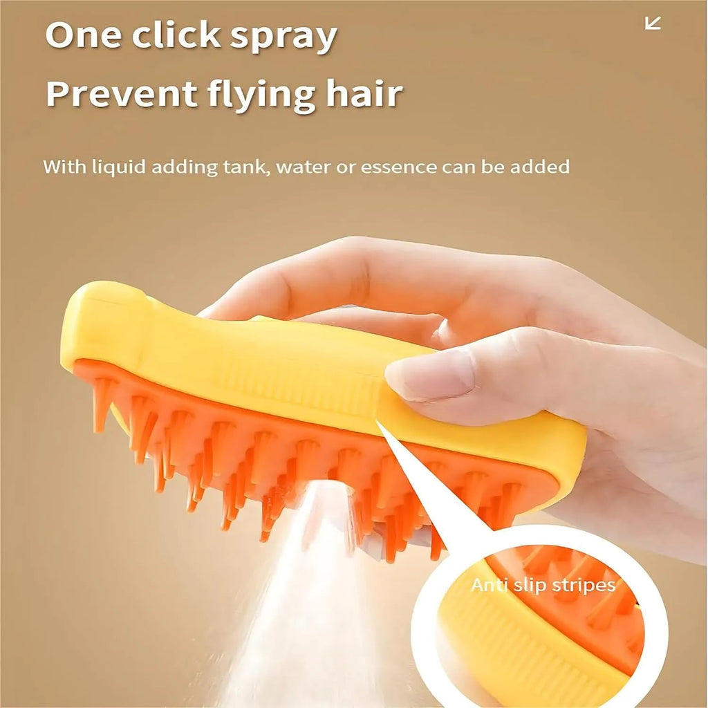 Green rechargeable cat steam brush with silicone teeth showing cat paw-shaped ends and compact 10x6.5cm design