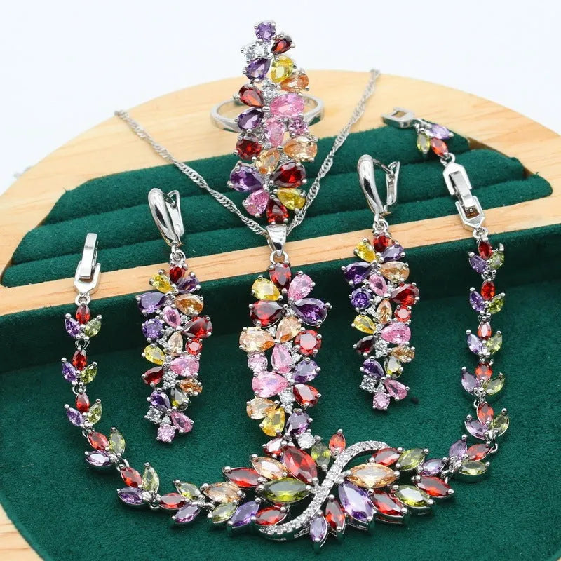 Retro olive purple floral jewellery set with alloy pendant, copper zircon necklace, bracelet, earrings, and ring
