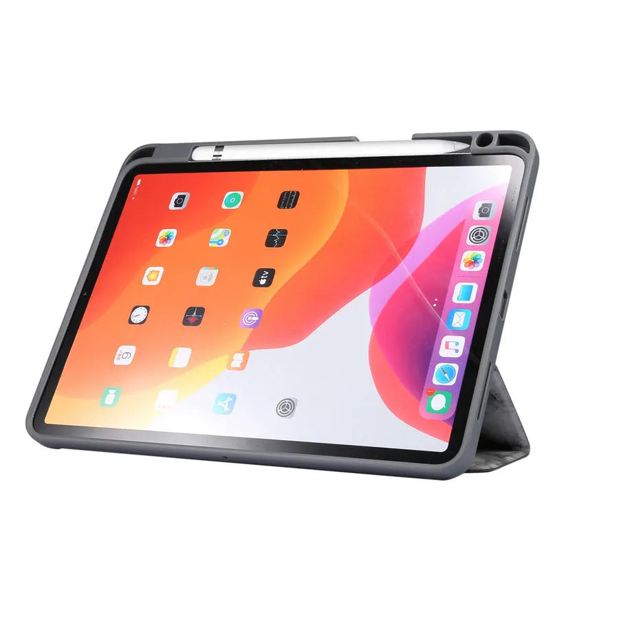 Imitation leather tri-fold iPad case in dark grey with marbling pattern, showing card slots and folded stand position.