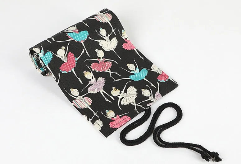 Canvas rolling pencil case with ballet girl print, multiple hole options for colour pencils