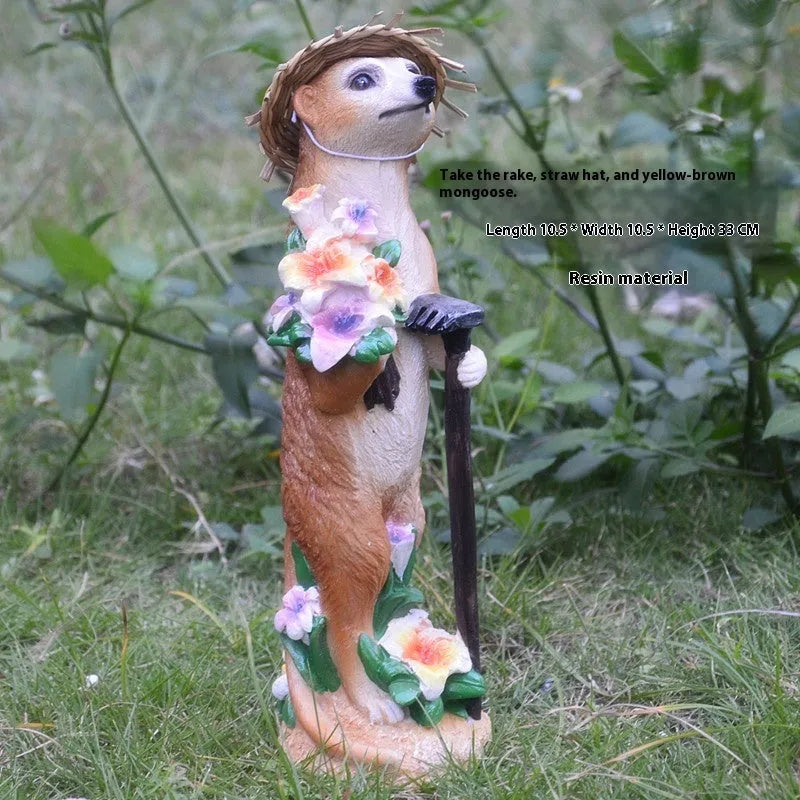 Straw hat mongoose plastic ornament for garden decoration with gardening tool accessories