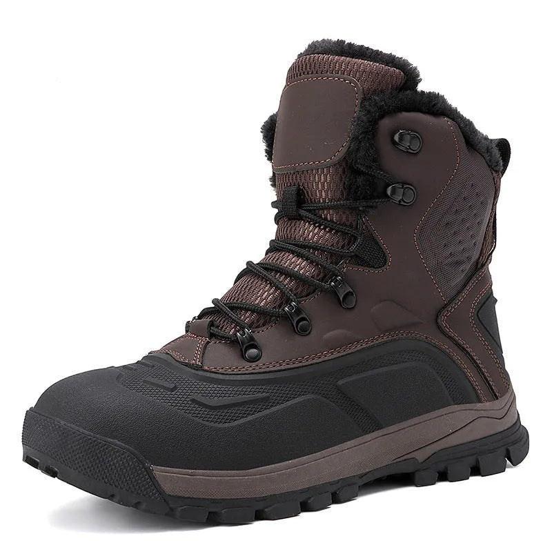 Men's black fleece-lined high-top lace-up boots with a ribbed TPR sole on a plain background.