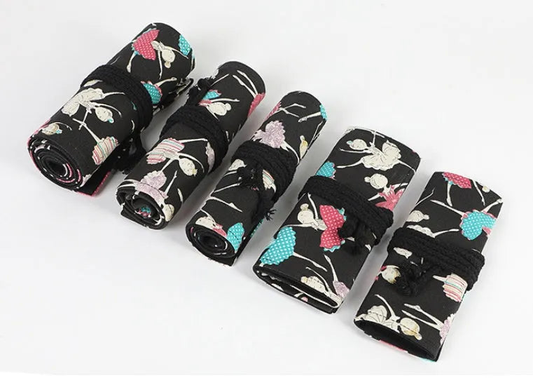 Canvas rolling pencil case with ballet girl print, multiple hole options for colour pencils