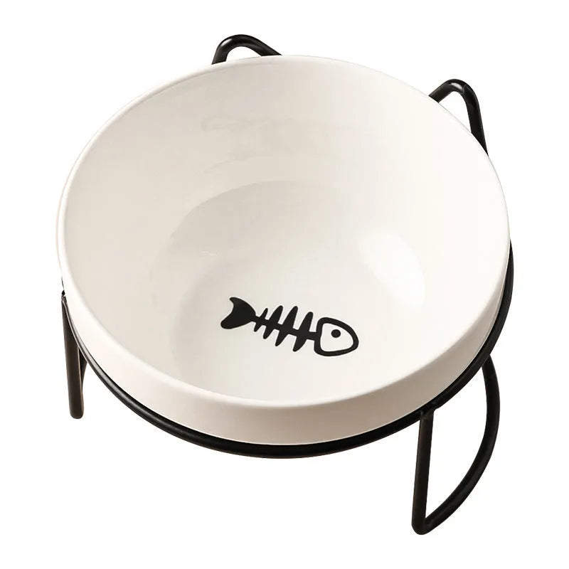 White ceramic cat bowl with iron frame in cat footprints design