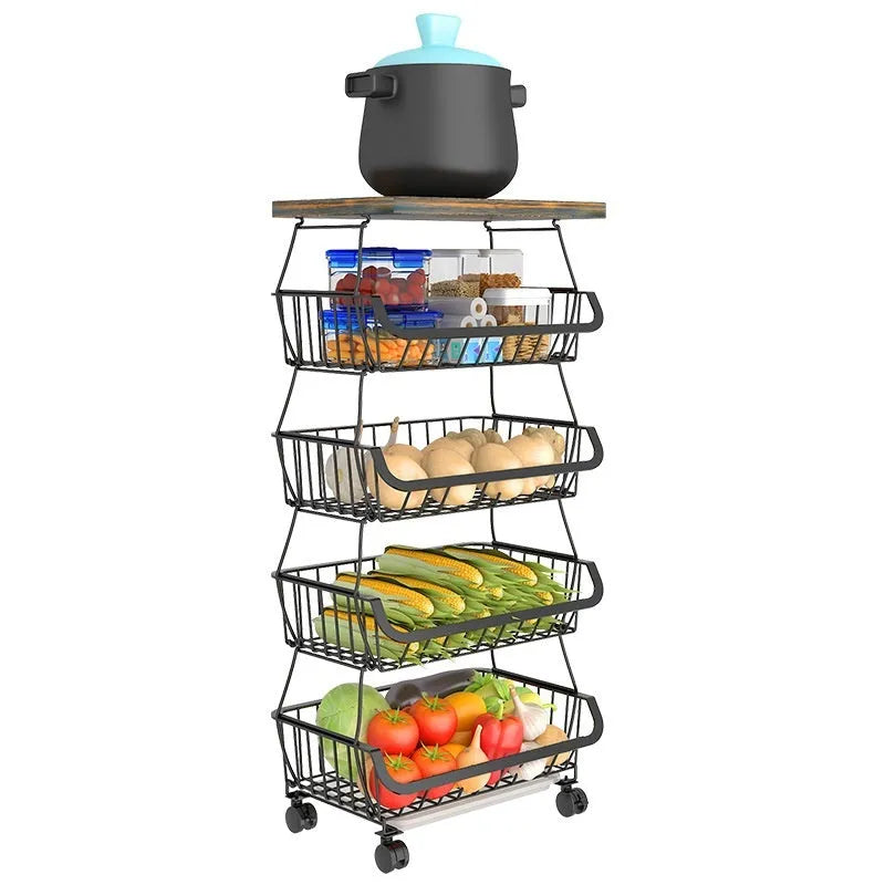 Black six-layer foldable kitchen storage rack with carbon steel frame on castors