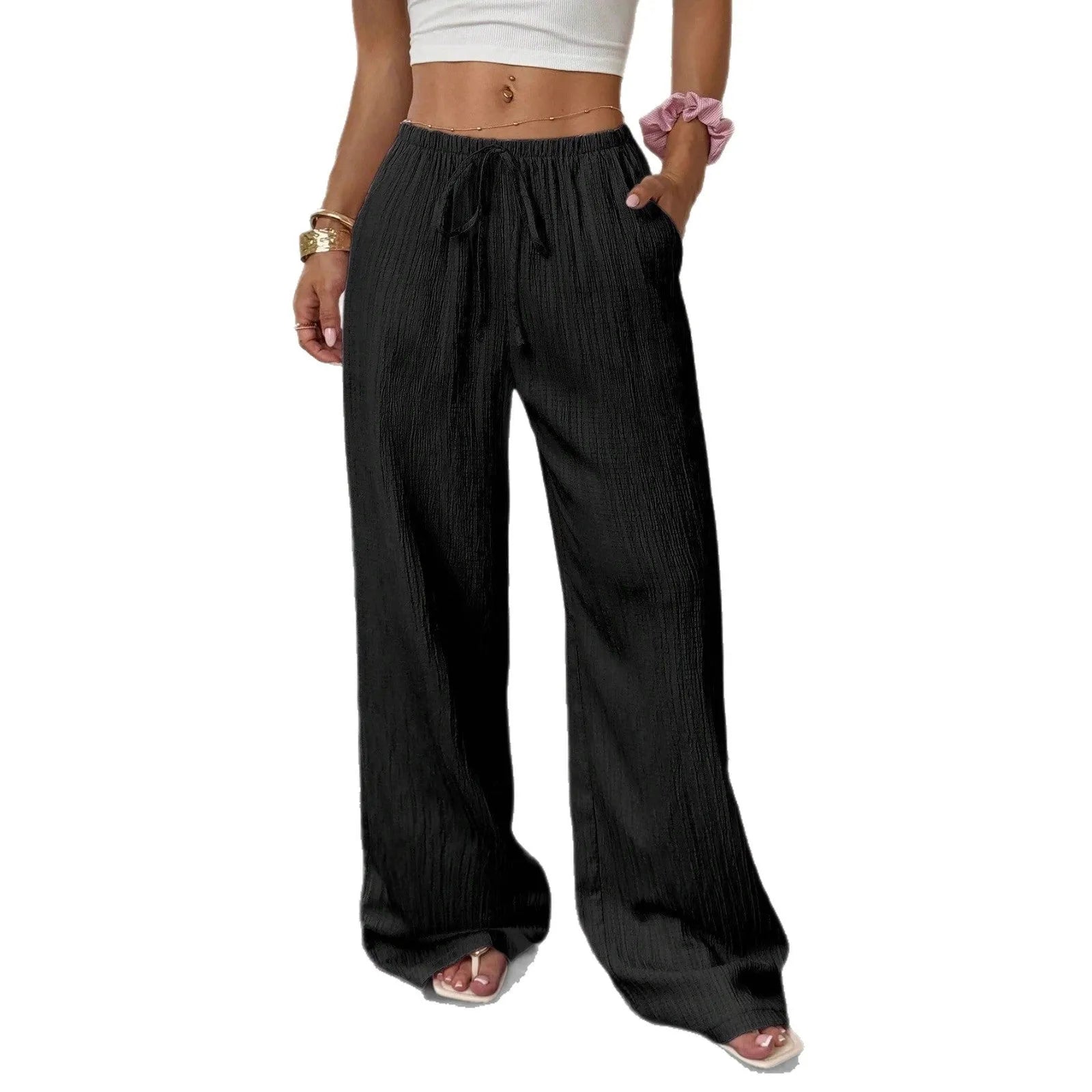Women's wide-leg casual trousers with lace-up waist detailing in black or pink colour options
