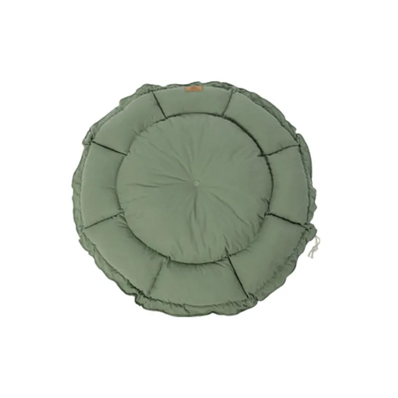 Grey and green reversible donut cat bed shown flat and in raised donut shape