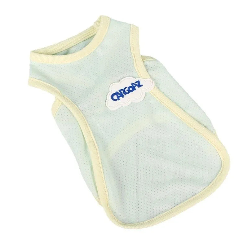 Light green polyester cat vest with a sports cut, shown on a feline model