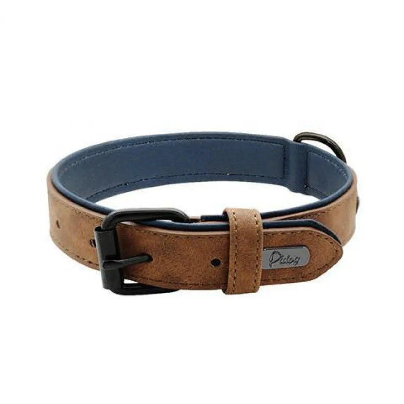 Adjustable dog collar in purple showing durable PU front and microfiber back, with size options.