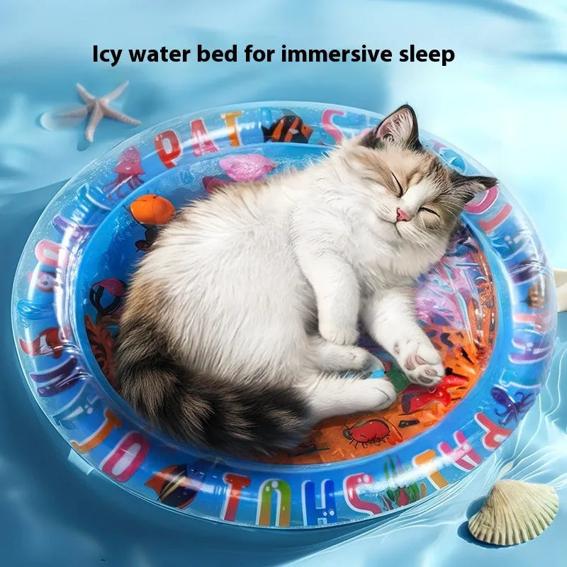 Inflatable PVC pet cooling water bed in aquatic designs, shown in 100cm and 65cm sizes.