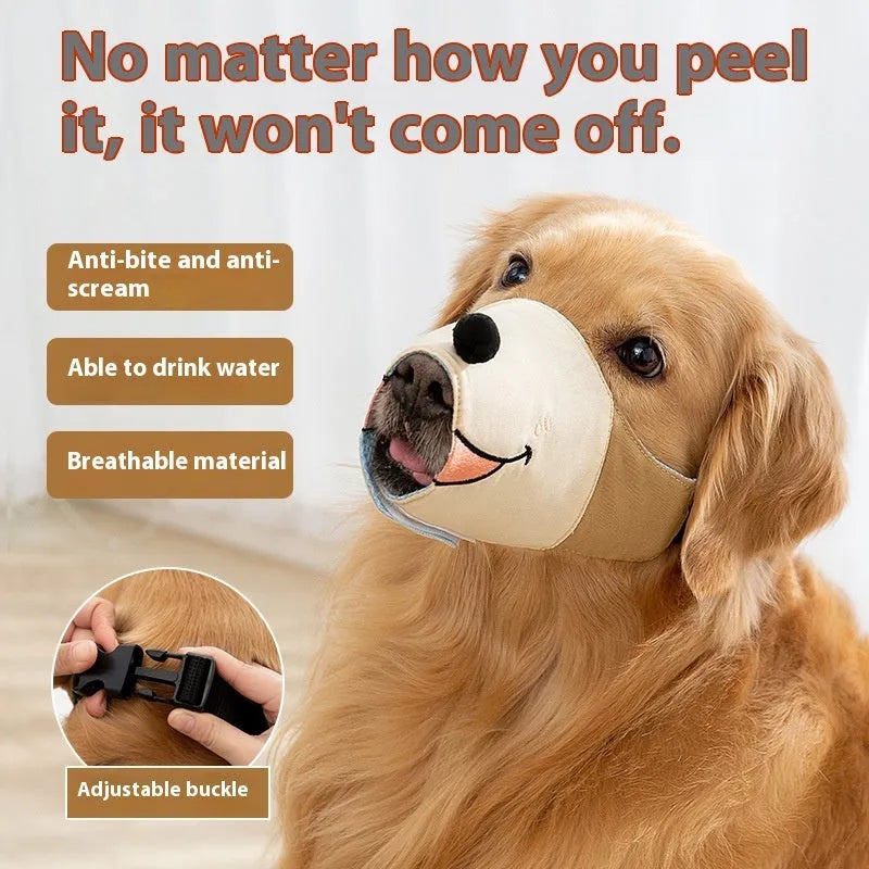 Canvas dog muzzle in Bondi Blue Shark pattern showing adjustable sizing for bite prevention