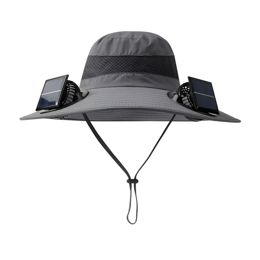 Man wearing a beige wide-brim solar fan hat outdoors, showing the built-in fan and solar panels.