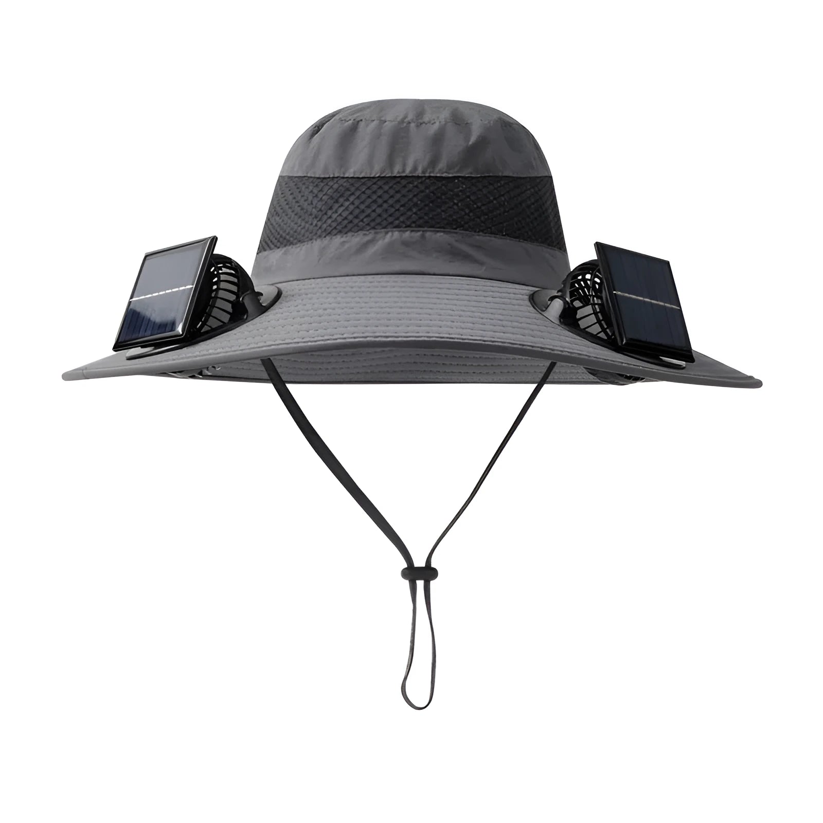 Man wearing a beige wide-brim solar fan hat outdoors, showing the built-in fan and solar panels.