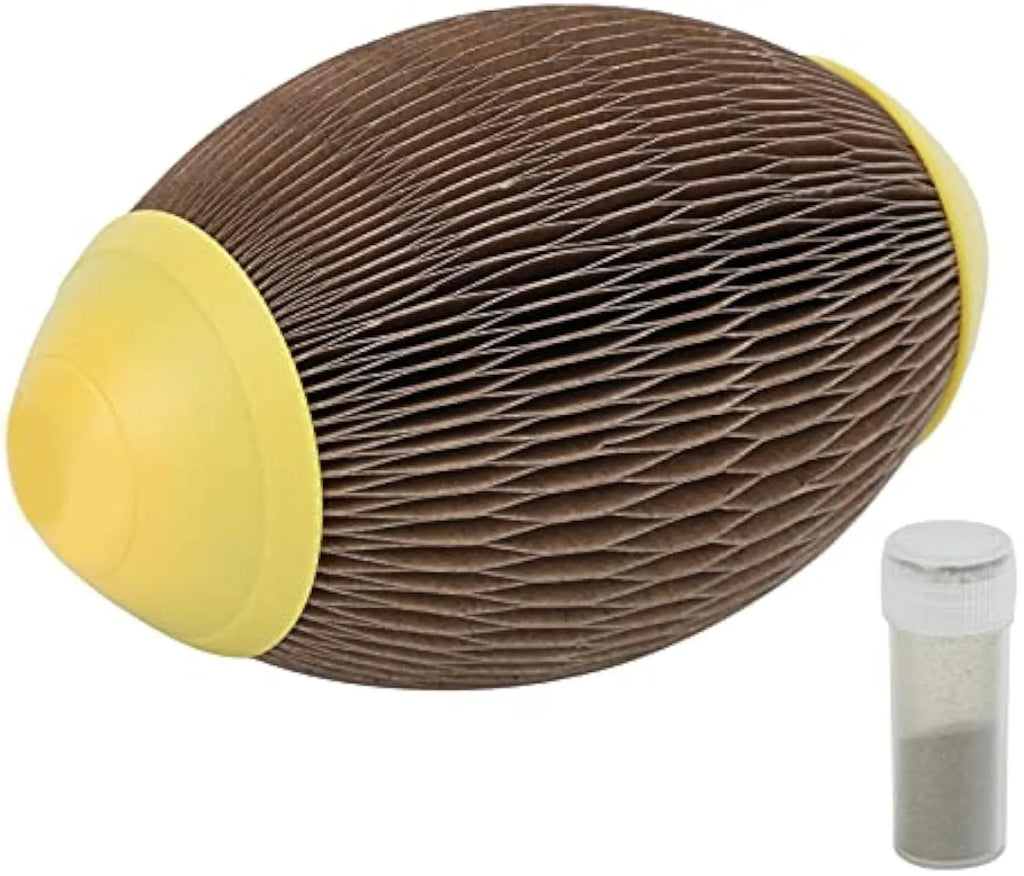 Elliptical corrugated paper catnip scratch ball toy on a plain surface.