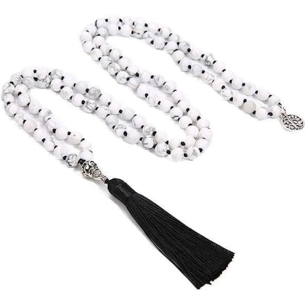 Handmade knotted necklace with 108 natural stone beads and pendant on 81cm chain