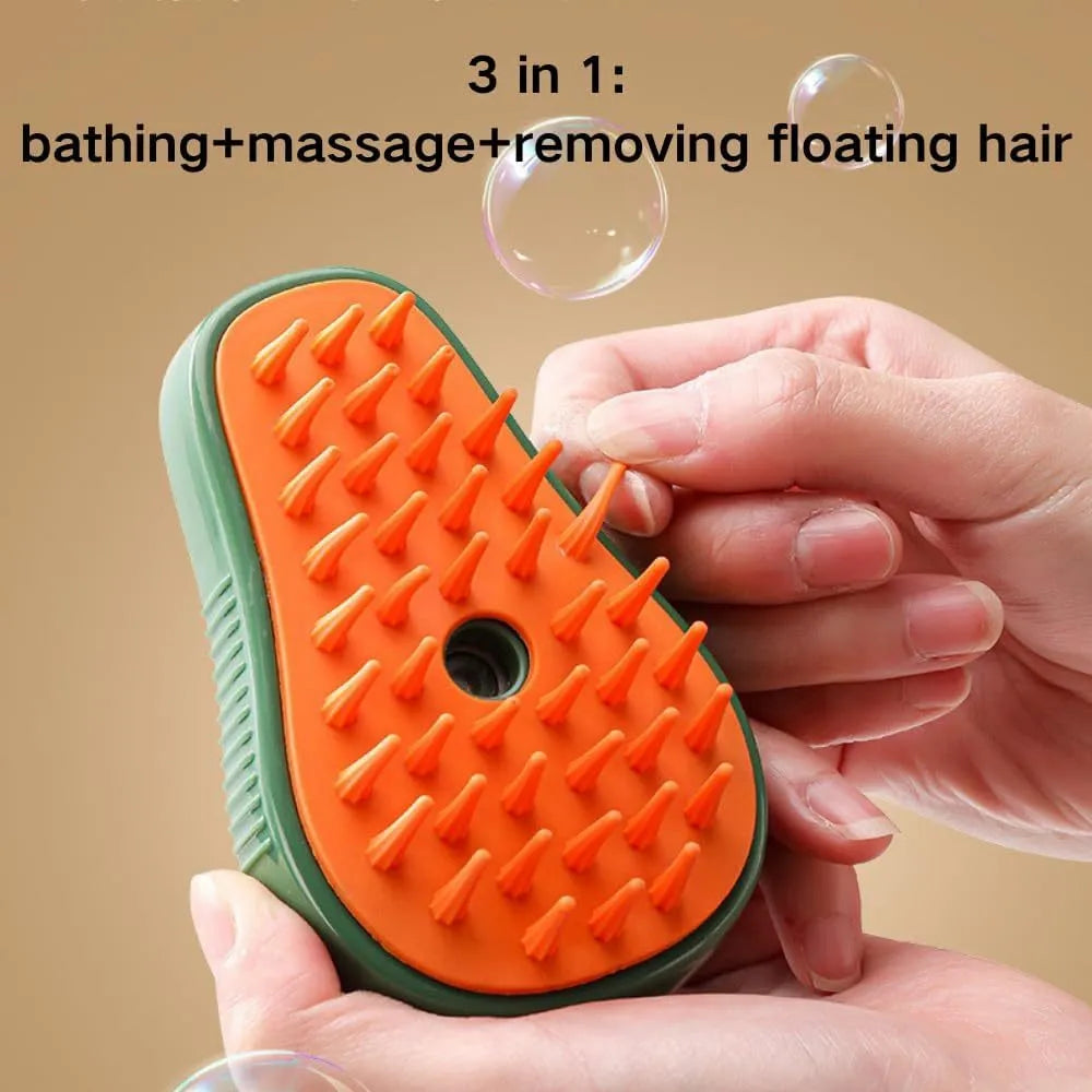 Green and white cat steam brush with silicone bristles showing water tank and compact 11cm design