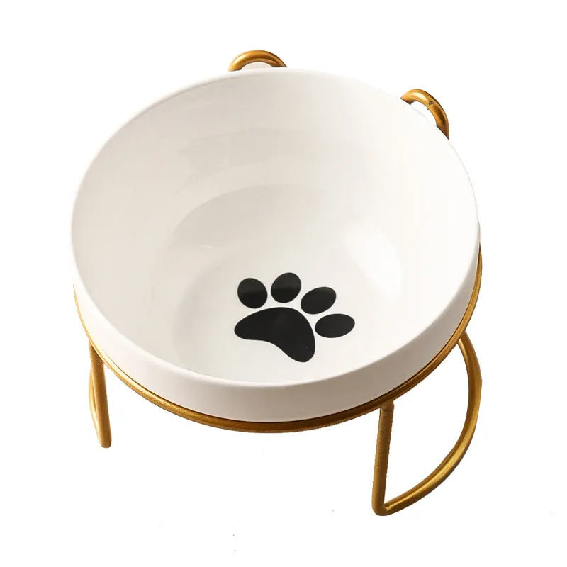 White ceramic cat bowl with iron frame in cat footprints design