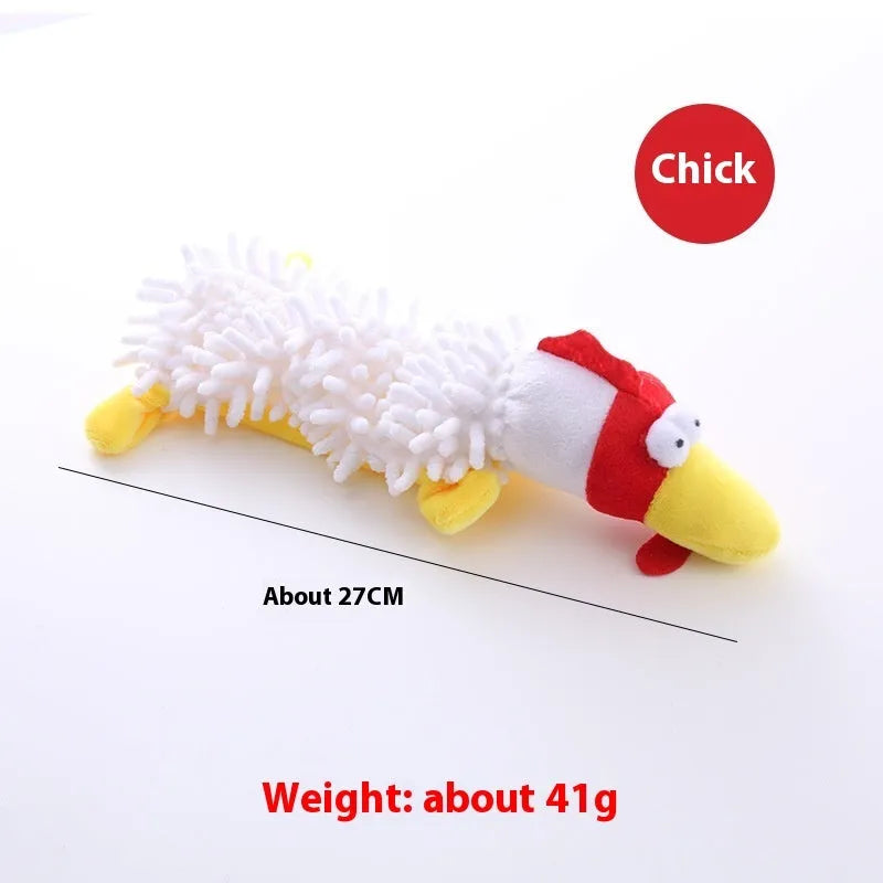 Plush microfibre dog toy with horse molar texture in various animal designs including brown dog and yellow duck