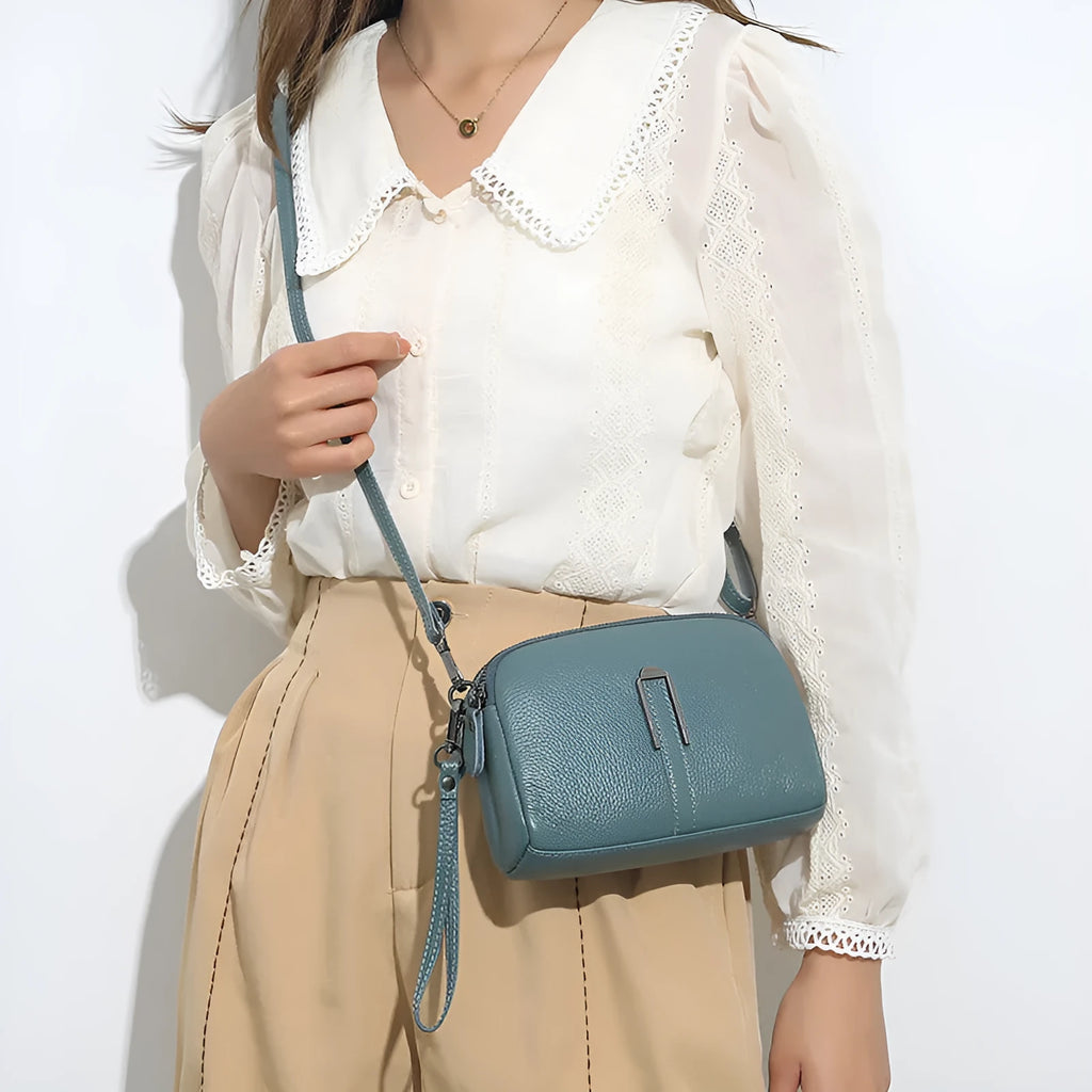 Women's genuine leather shoulder bag in horizontal square shape, 19cm length, available in five colours