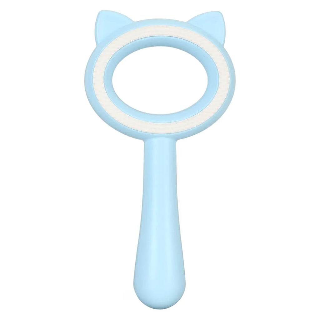 Blue and white dual-sided pet grooming brush with ergonomic handle for cats and dogs