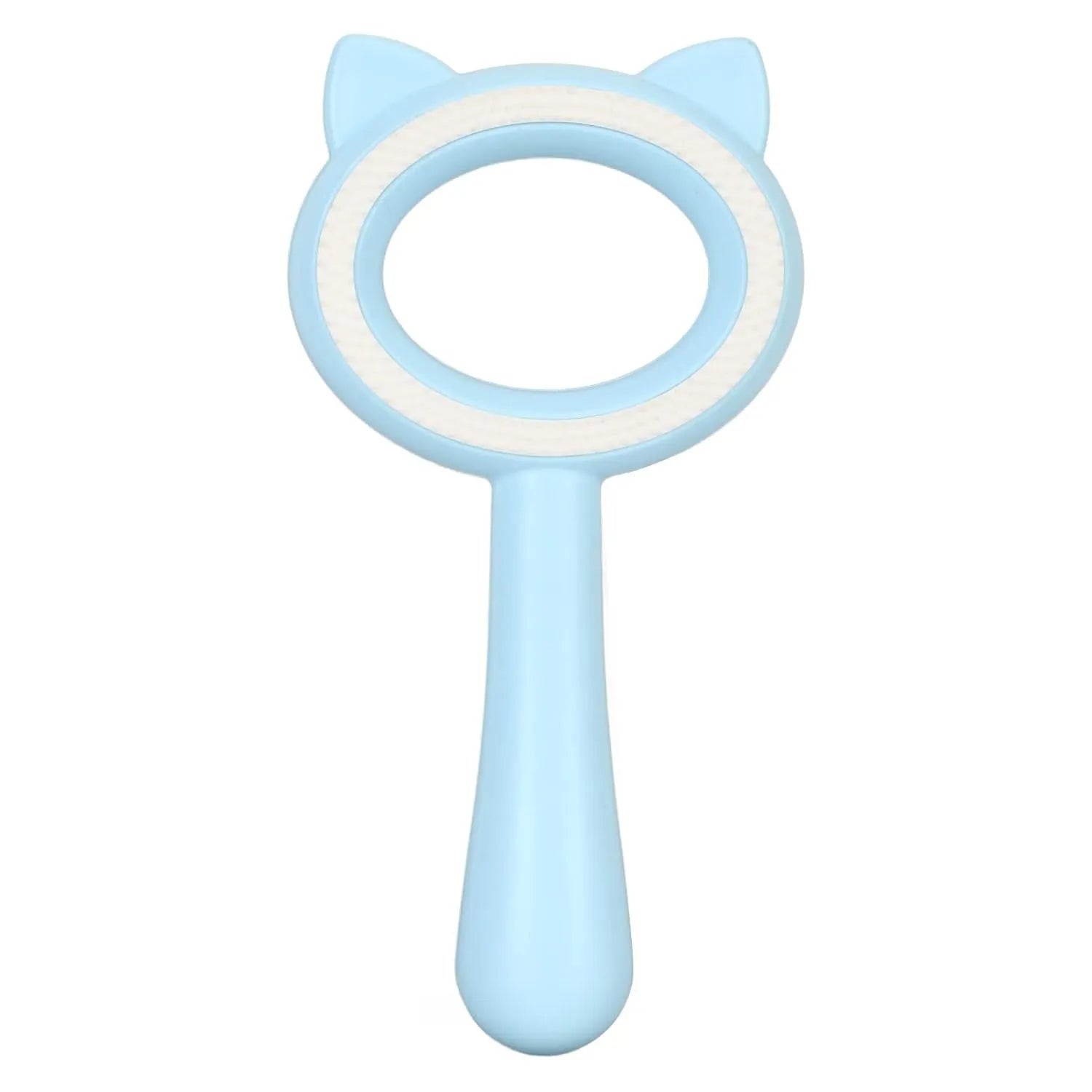 Blue and white dual-sided pet grooming brush with ergonomic handle for cats and dogs