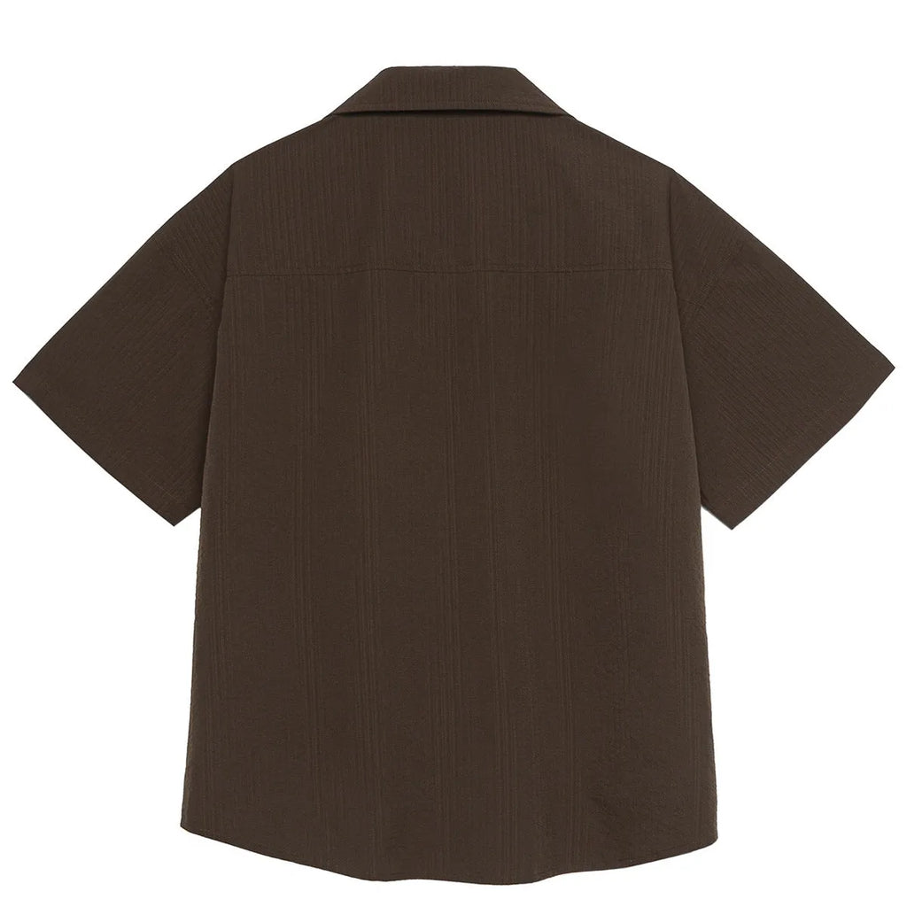 Men's brown striped Cuban collar short sleeve shirt for outdoor camping.