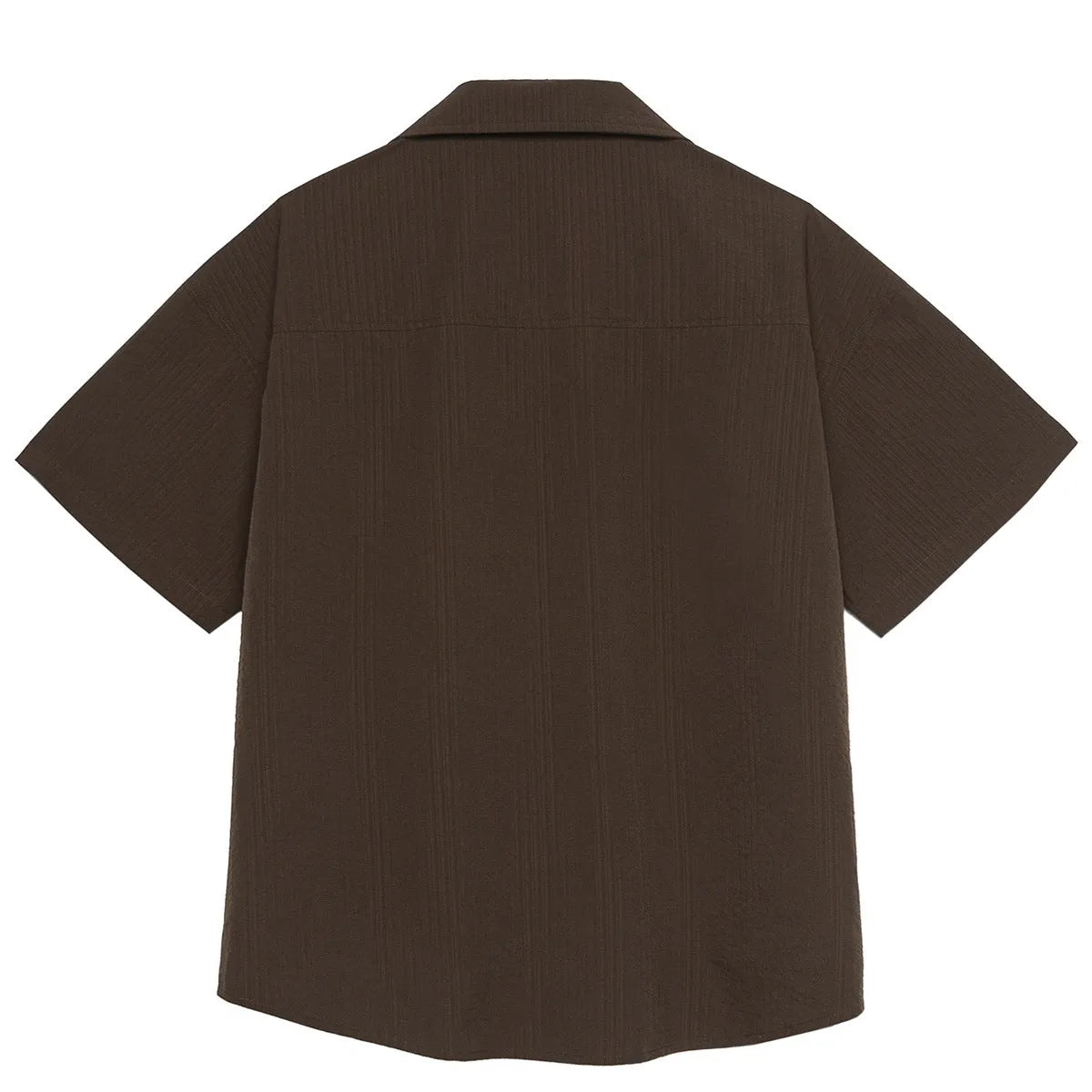 Men's brown striped Cuban collar short sleeve shirt for outdoor camping.